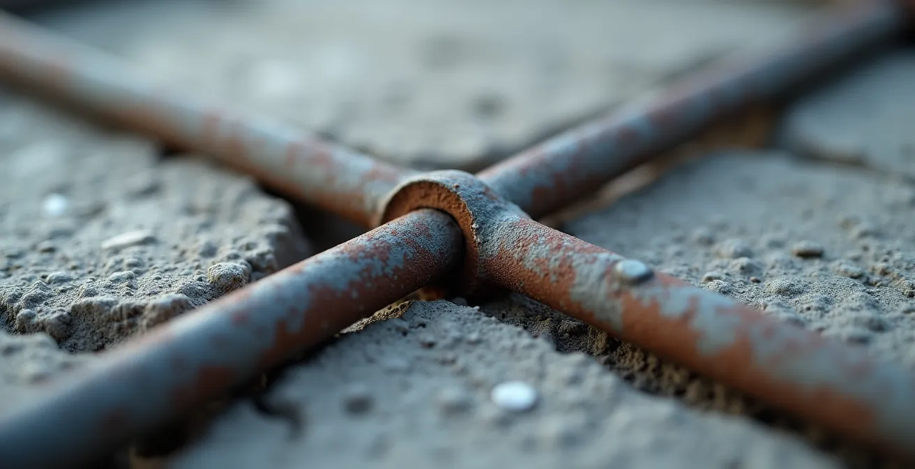 Vue macro détaillée de l'armature d'acier dans une fondation en béton