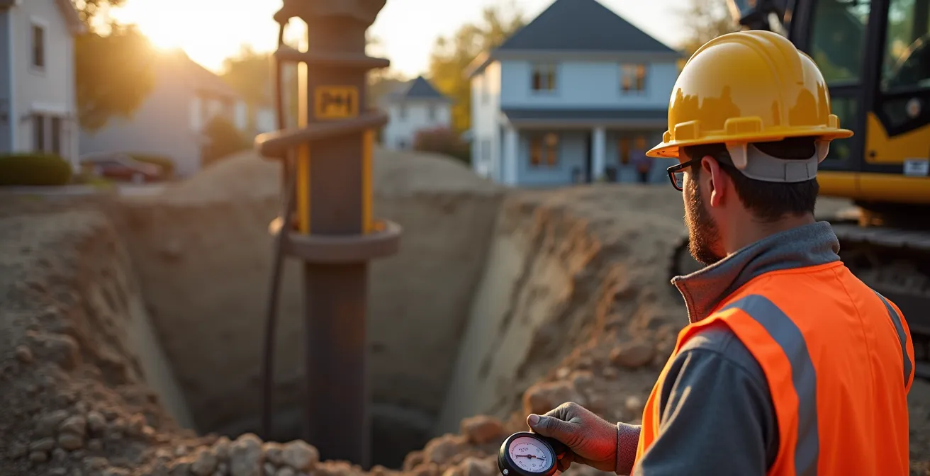 Chantier de consolidation avec équipement de pieutage hydraulique en action autour d'une fondation excavée