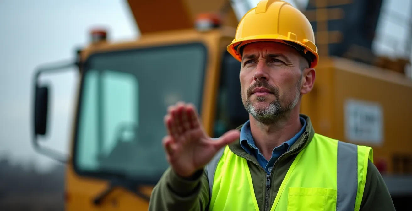 Équipe de levage sur chantier québécois avec signaleur dirigeant une opération de grue, communication coordonnée
