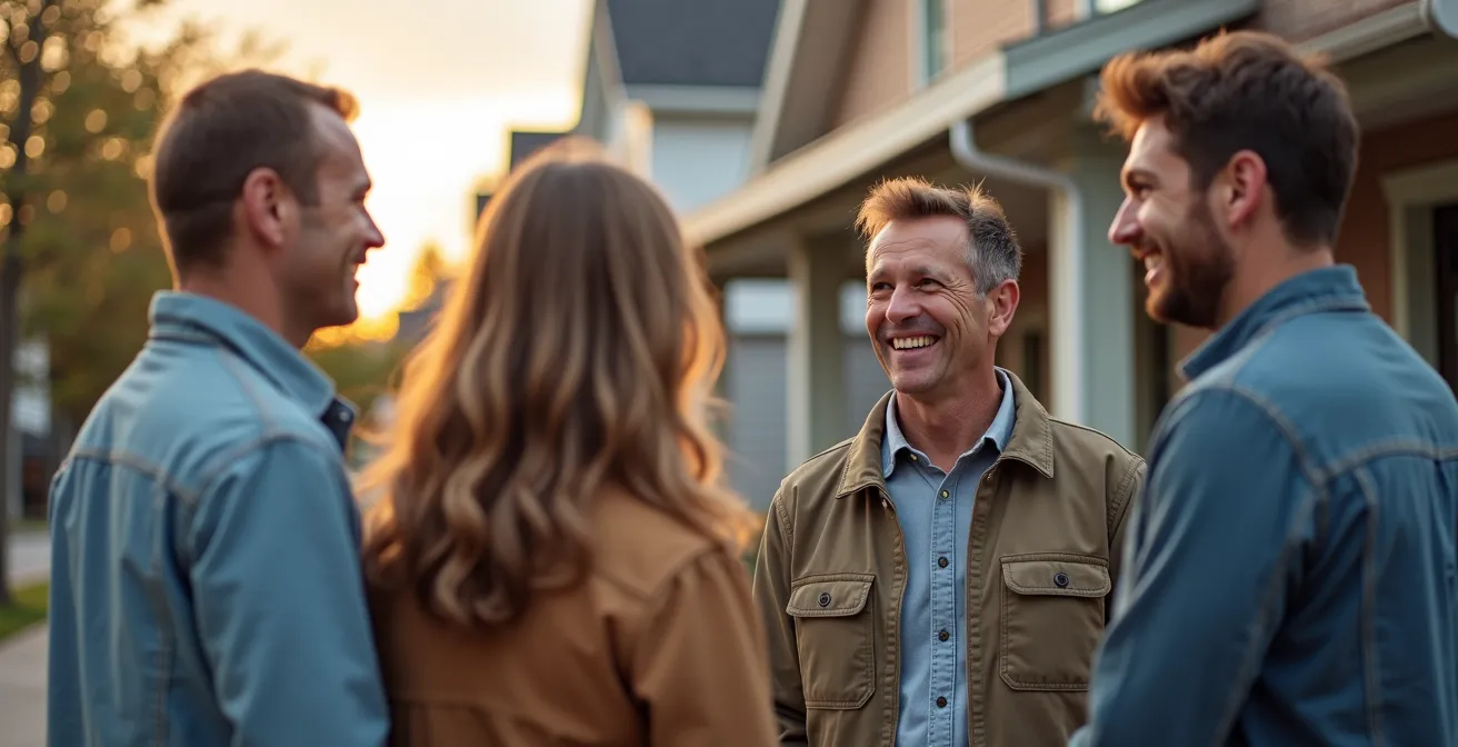 Propriétaire discutant avec ses voisins devant une maison en rénovation au Québec