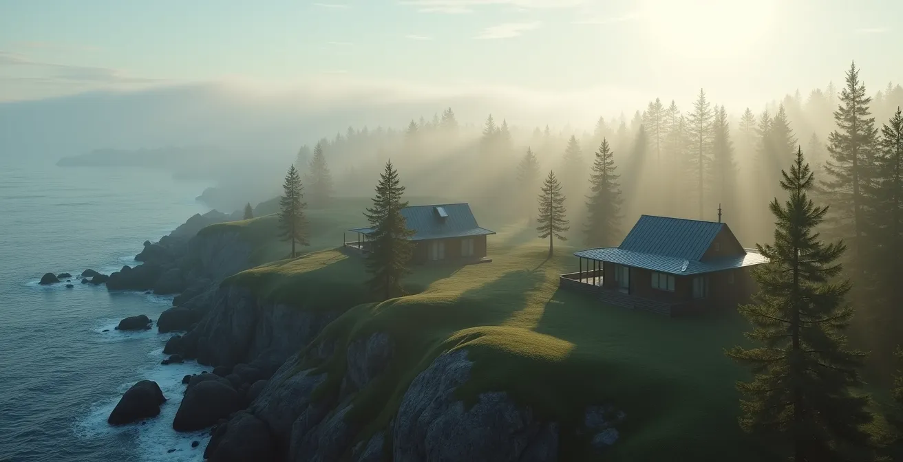 Vue aérienne montrant trois types de maisons québécoises dans différents environnements avec leurs toitures adaptées