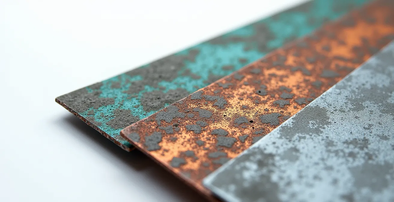 Échantillons de zinc, cuivre et aluminium montrant différents stades de patine et vieillissement