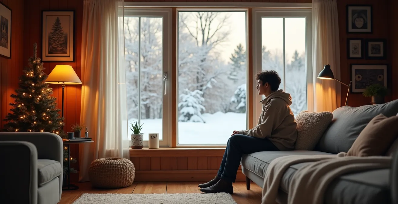Intérieur chaleureux d'une maison québécoise en hiver montrant l'absence de parois froides près des fenêtres triple vitrage