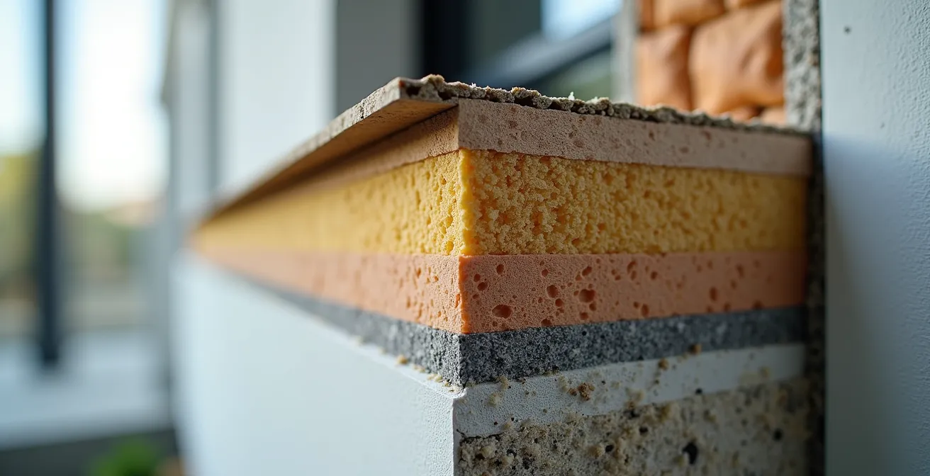 Coupe technique d'un mur-écran avec système pare-air et pare-vapeur