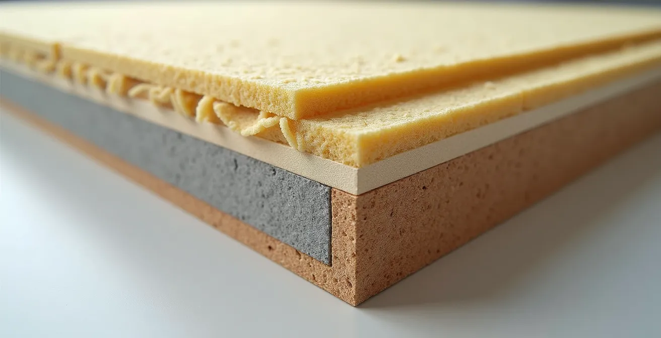 Vue en coupe d'un assemblage de plancher avec système d'isolation acoustique multicouche