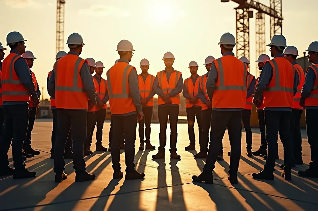 Vue large d'un chantier de construction québécois montrant une équipe en réunion de sécurité matinale