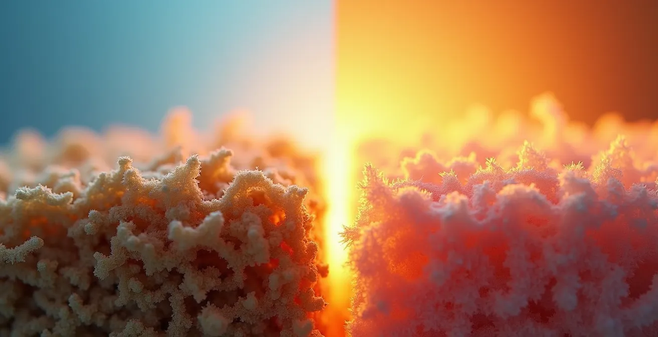 Comparaison visuelle du déphasage thermique entre cellulose et fibre de verre sous canicule