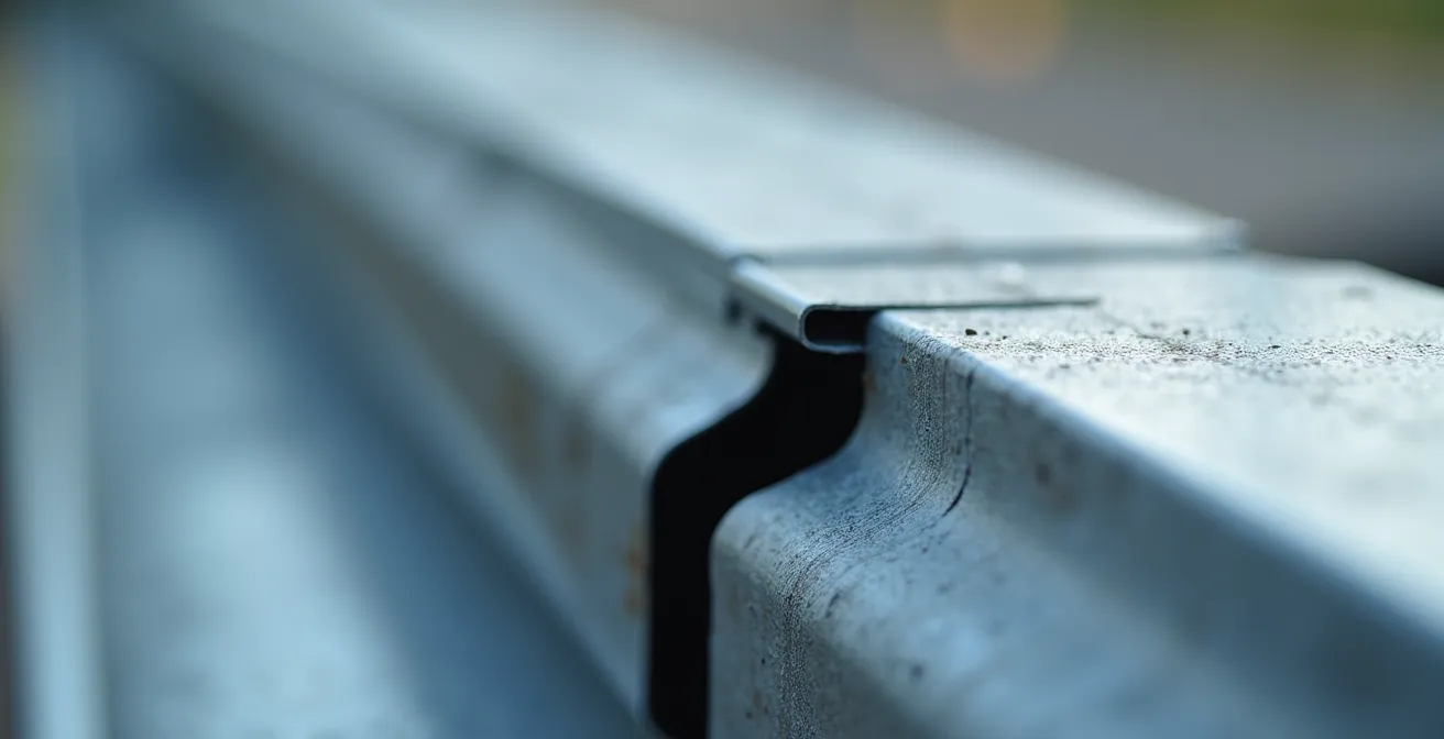 Gros plan macro sur un joint de dilatation en métal d'une gouttière montrant l'espace de mouvement nécessaire