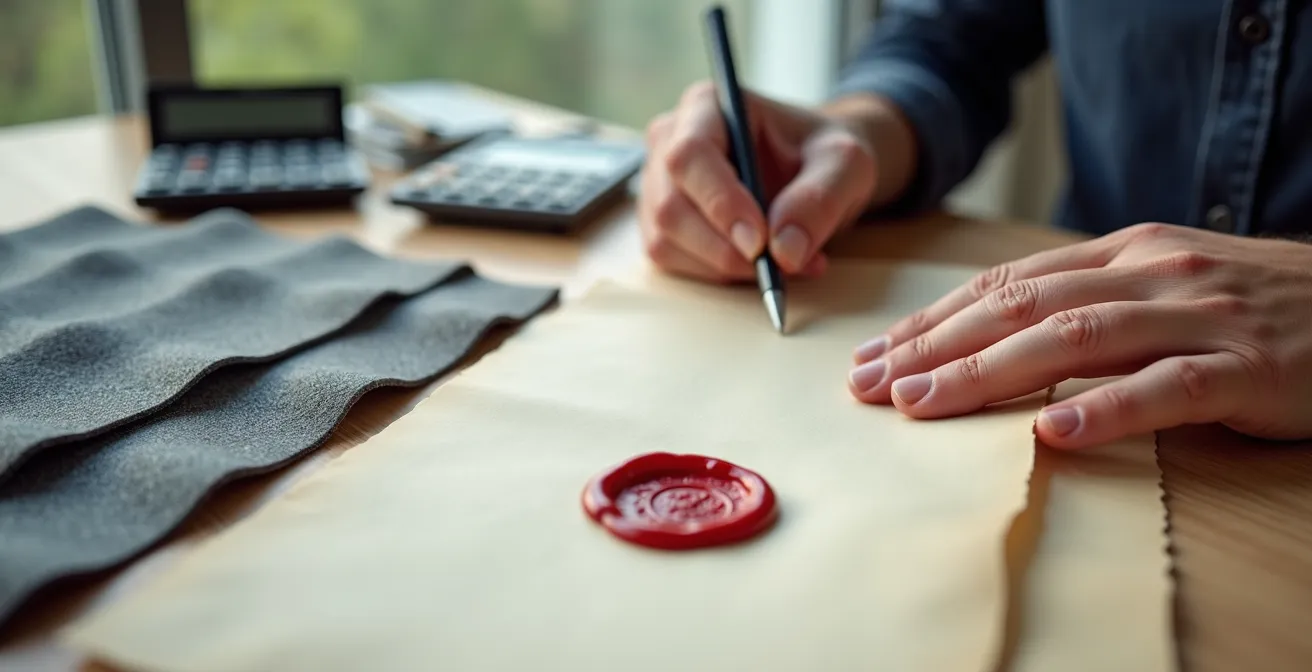 Main tenant un document de garantie avec des matériaux de toiture en arrière-plan