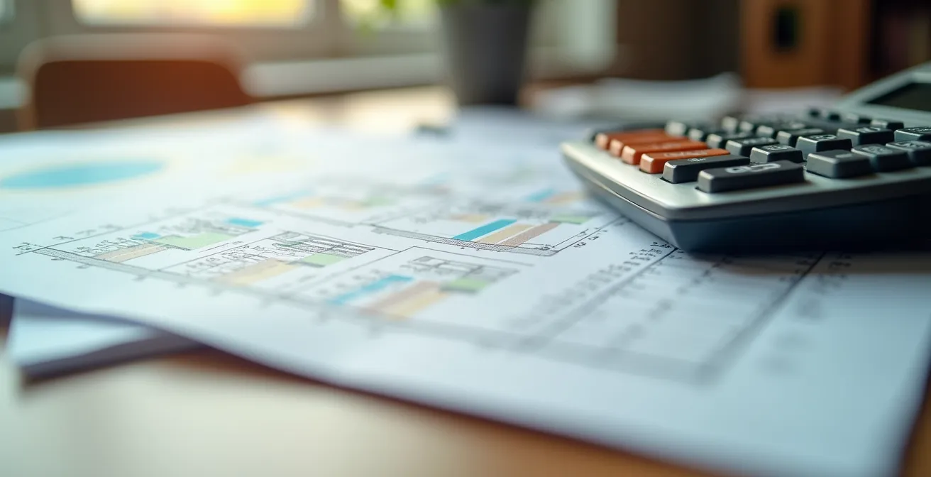 Bureau organisé avec documents de subventions et plans de rénovation pour une maison québécoise