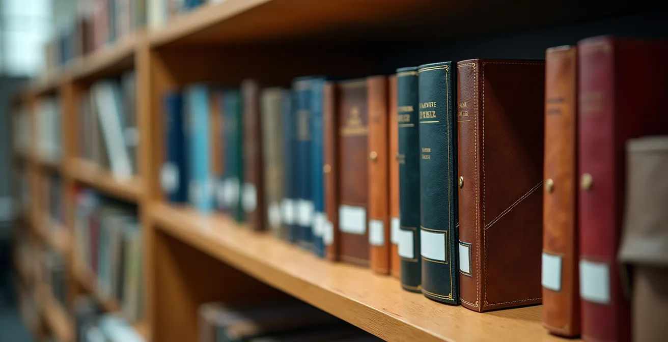 Classeurs organisés avec étiquettes colorées sur une étagère moderne, ambiance bureau professionnel