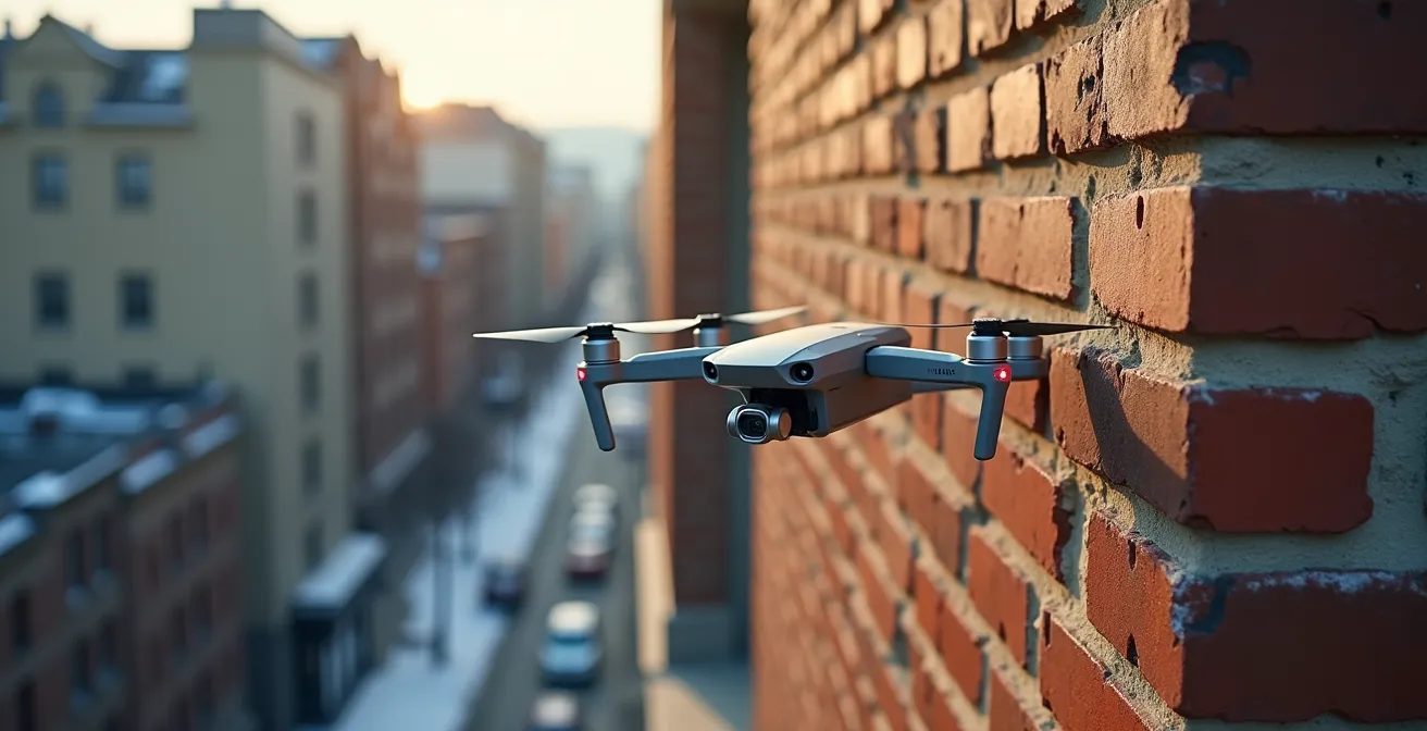 Drone effectuant l'inspection d'une façade de bâtiment en hauteur au Québec