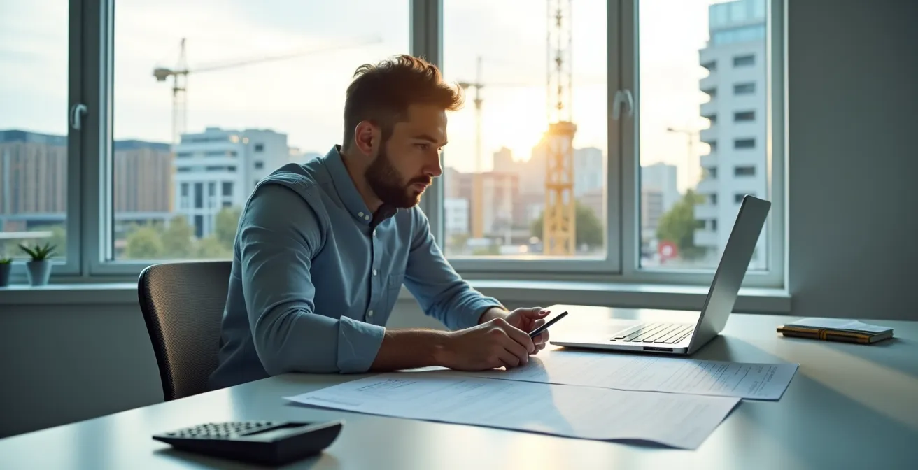 Entrepreneur consultant les codes de construction sur son bureau avec documents officiels