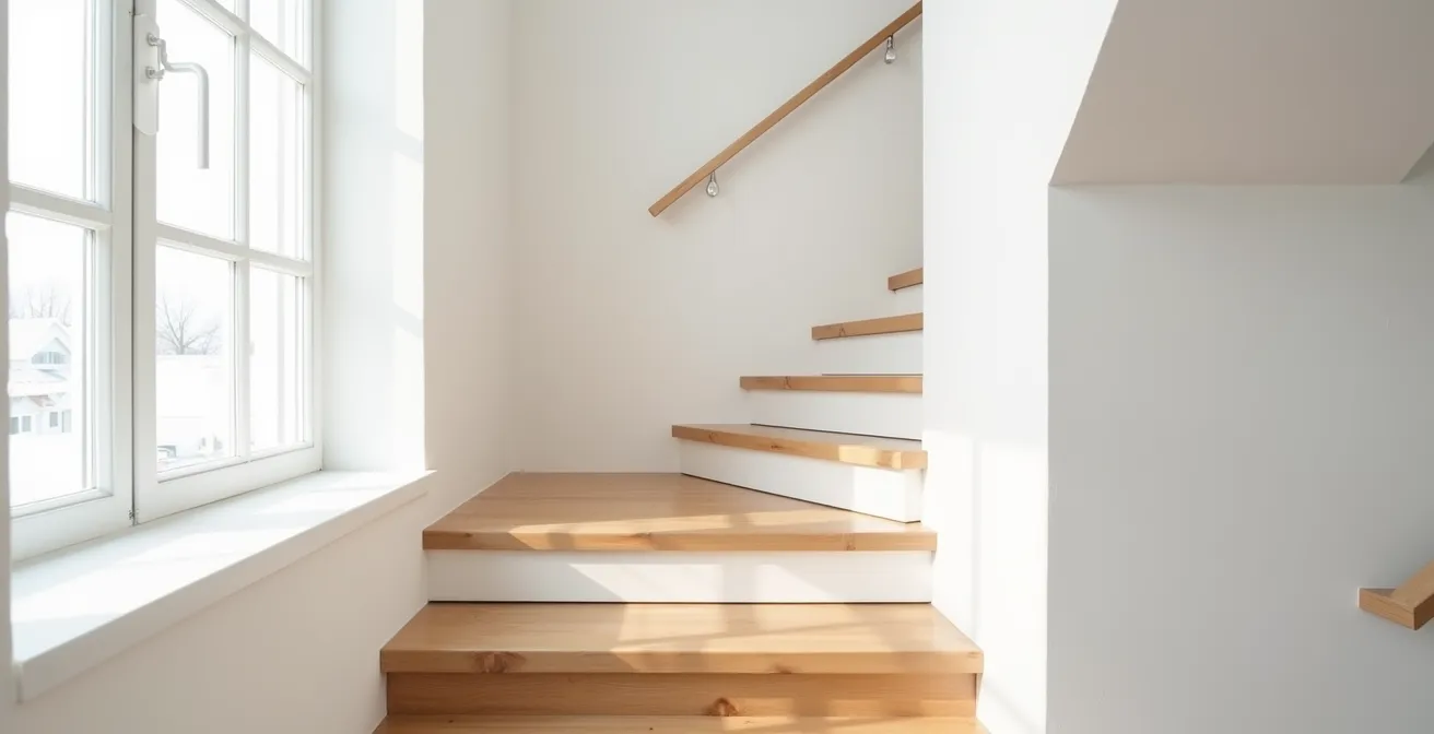 Escalier moderne en bois avec main courante intégrée respectant les normes de construction du Québec