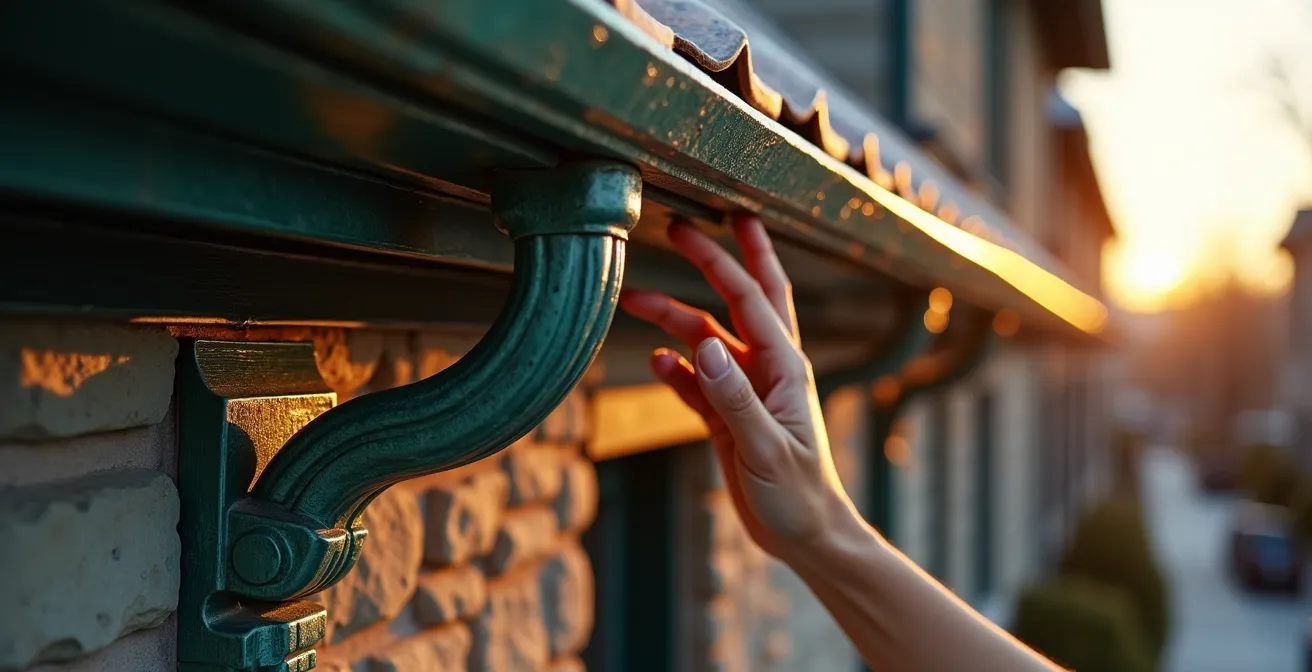 Façade d'une maison québécoise ancestrale avec zinguerie en cuivre patiné créant une harmonie visuelle élégante
