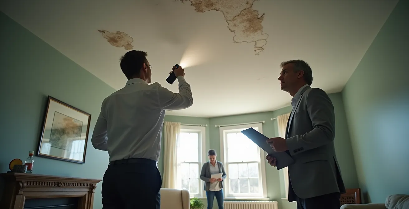 Expert en sinistres inspectant les dommages d'eau dans une résidence québécoise