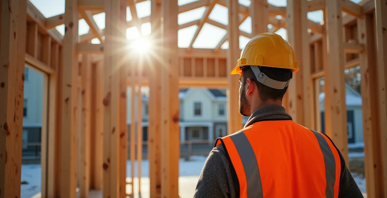 Inspecteur en casque de sécurité examinant une structure de bâtiment en construction
