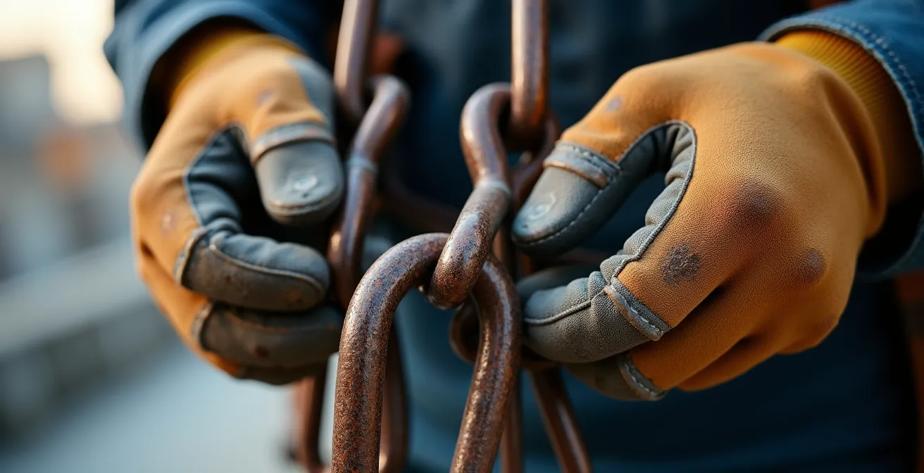 Travailleur en équipement de sécurité inspectant minutieusement les crochets et élingues d'une grue sur un chantier québécois