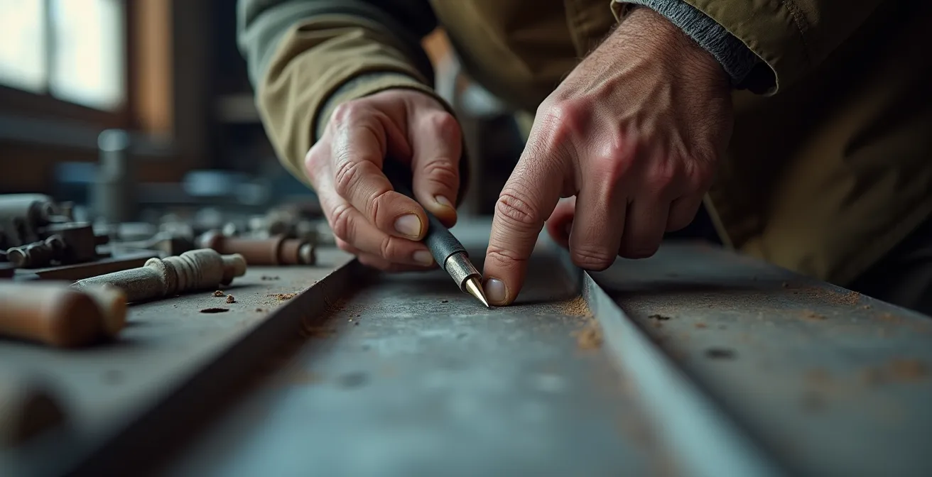 Artisan zingueur inspectant une soudure à l'étain sur une gouttière en zinc