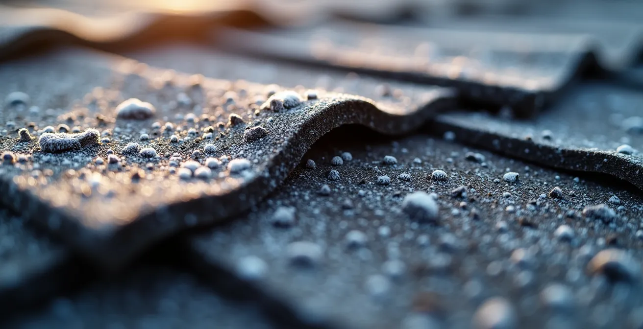 Inspection détaillée de bardeaux d'asphalte endommagés sur une toiture québécoise, montrant les effets du climat.