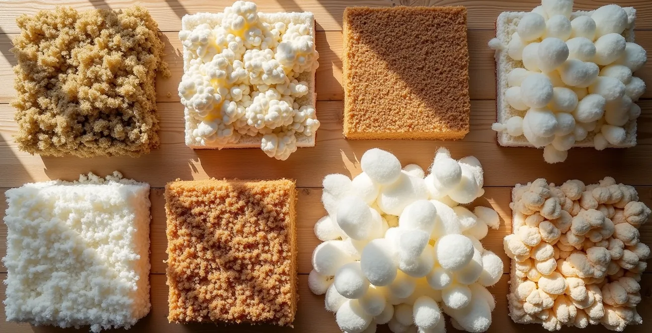 Vue d'ensemble de différents échantillons d'isolants biosourcés disposés sur une surface en bois naturel