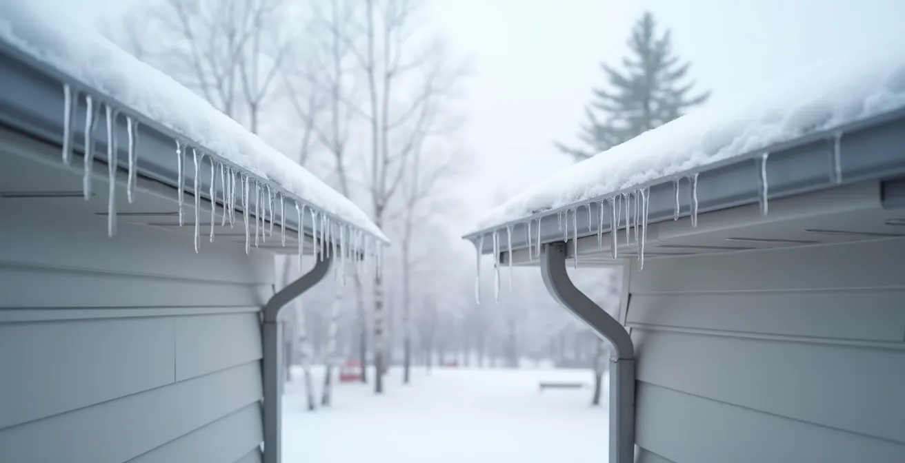 Détail technique de la jonction mur-toit montrant la prévention des barrages de glace