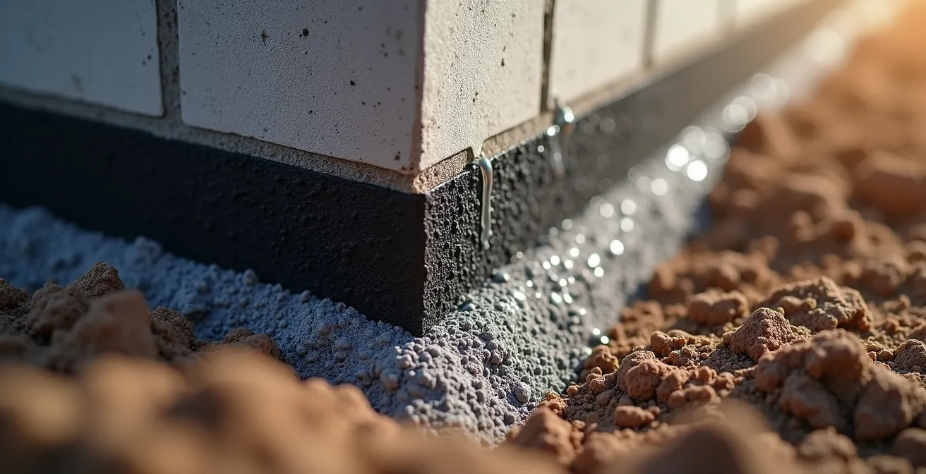 Coupe technique montrant l'installation d'une membrane d'étanchéité sur une fondation avec système de drainage