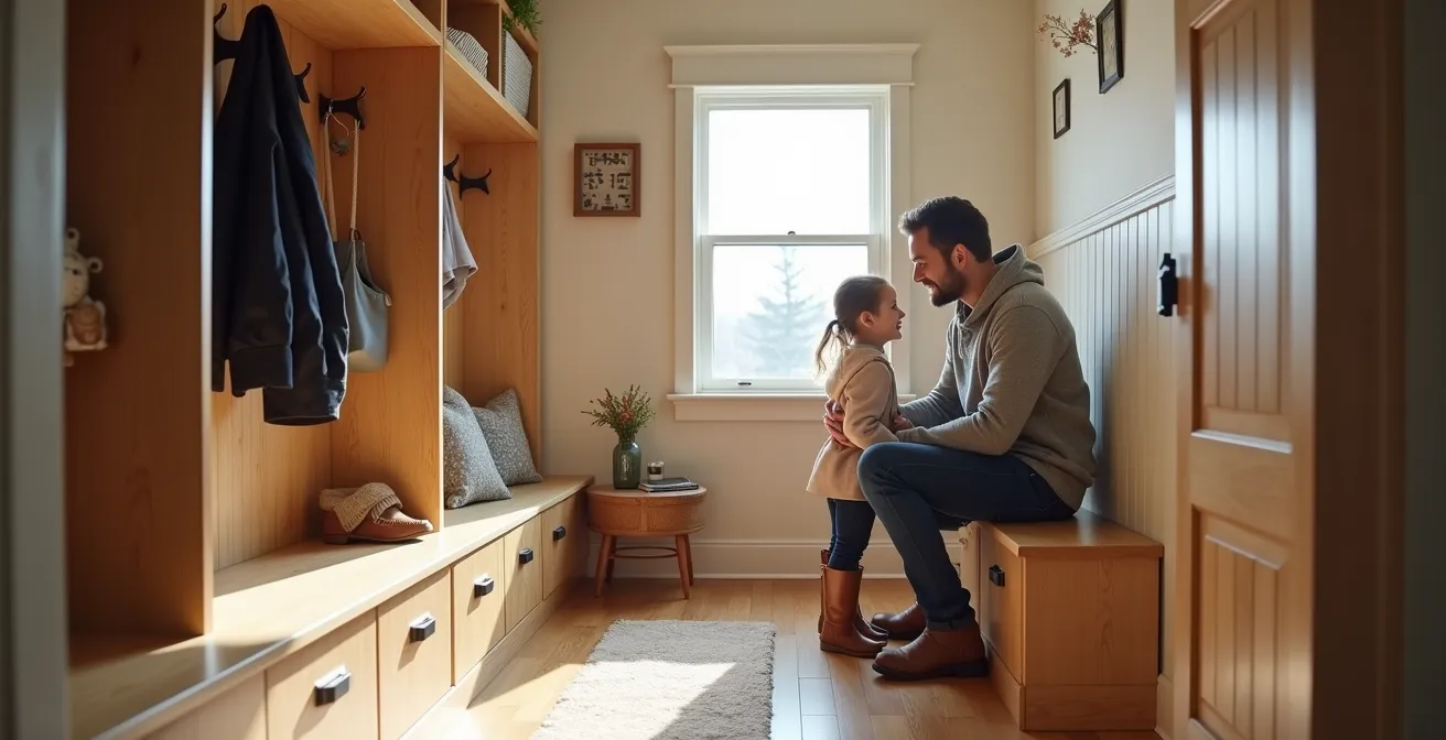 Mudroom moderne et fonctionnel dans une maison québécoise, conçu pour gérer l'équipement d'hiver