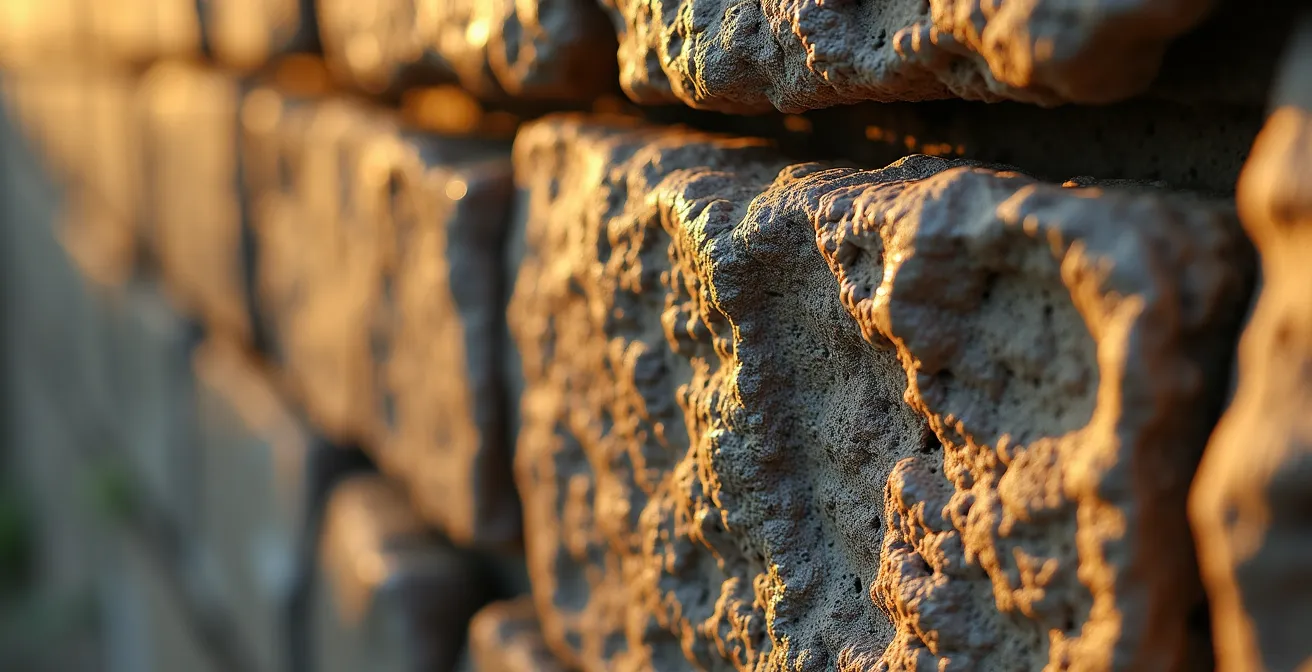 Mur en pierre ancestral québécois montrant la migration naturelle de l'humidité