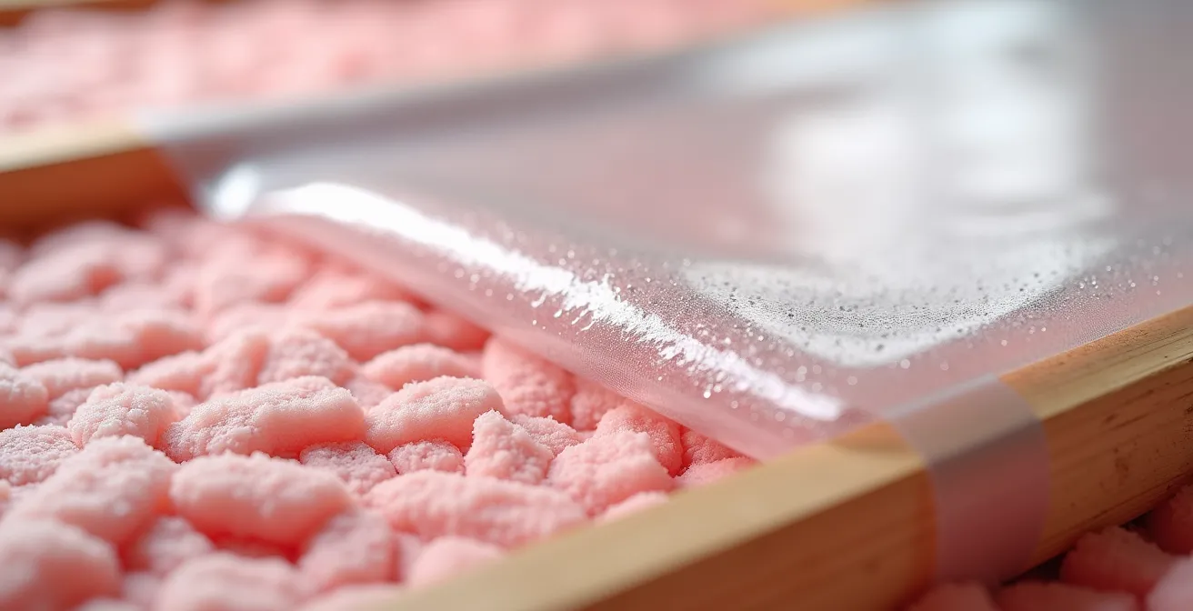 Gros plan sur l'installation d'un pare-vapeur intelligent dans un mur avec isolation en laine minérale