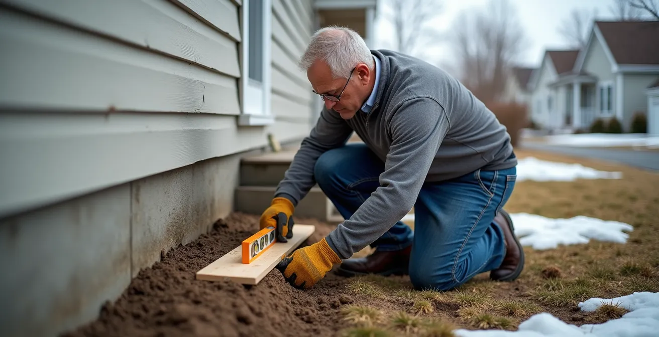 Vue latérale d'une fondation de maison québécoise montrant la pente d'écoulement des eaux