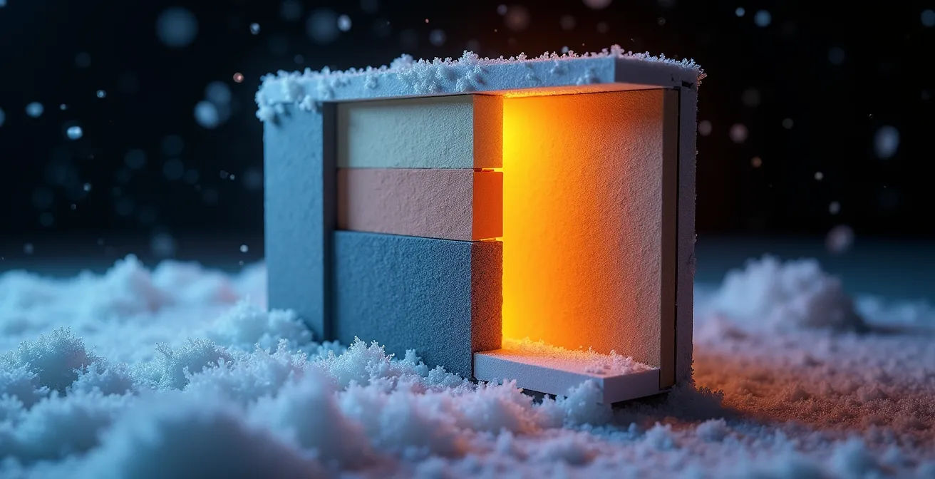 Coupe transversale d'un mur montrant la formation de condensation avec et sans pare-vapeur