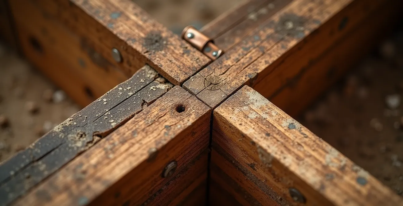 Vue détaillée du dessous d'un plancher en bois ancien avec nouvelles poutres de renfort LVL installées