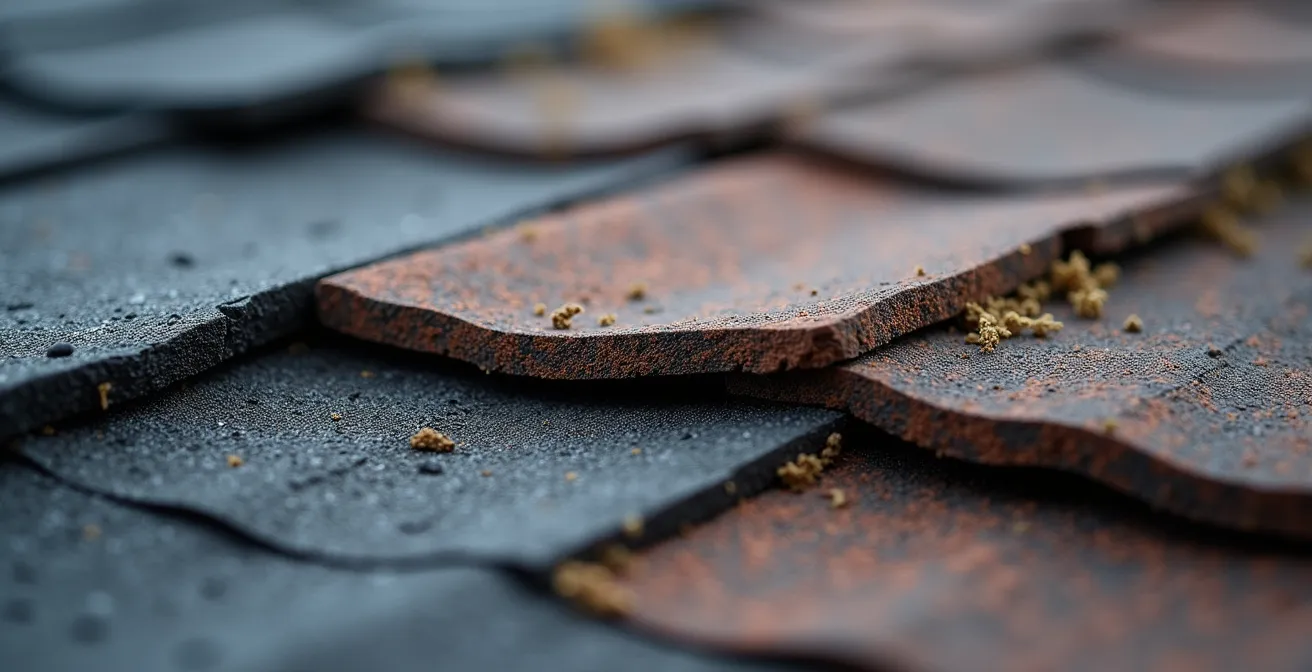 Vue rapprochée macro de bardeaux d'asphalte usés montrant les signes de détérioration typiques du climat québécois