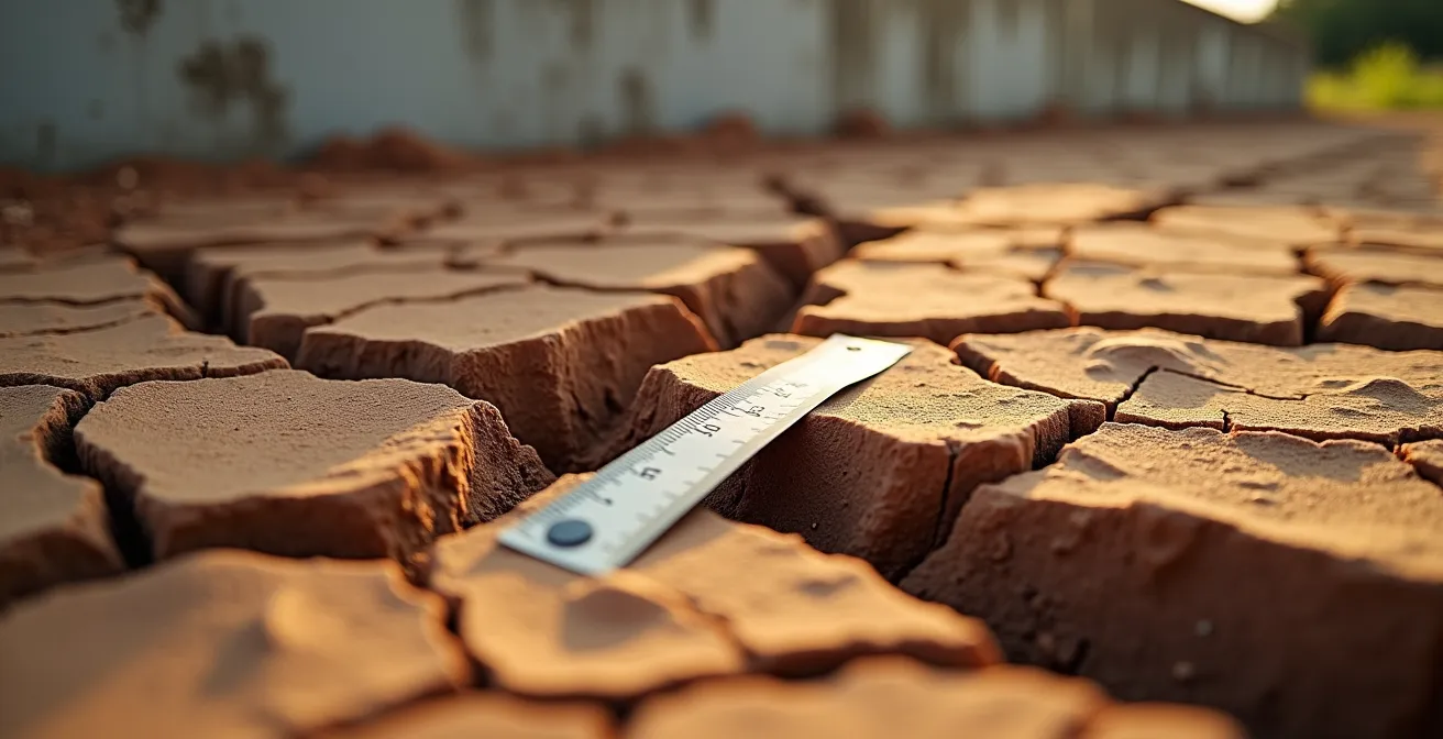 Sol argileux fissuré par la sécheresse près d'une fondation de maison