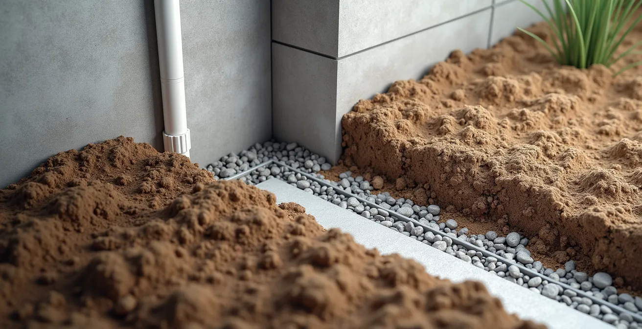 Vue en coupe d'un système de drainage autour d'une fondation avec drain français et pente du terrain