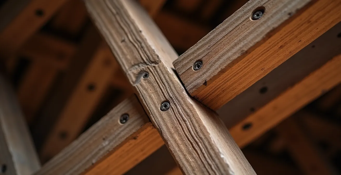 Détail architectural d'assemblages traditionnels de charpente en bois dans une maison centenaire québécoise