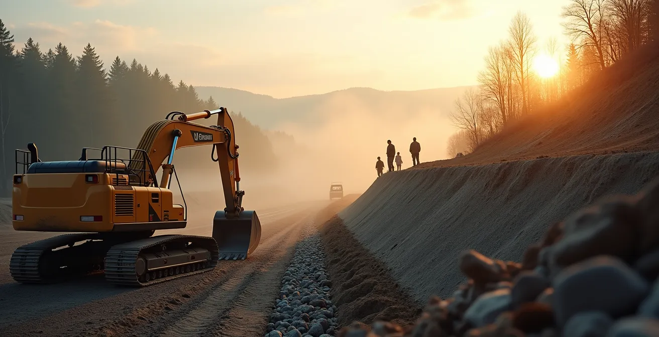 Installation de micropieux sur terrain en pente avec système de drainage français visible