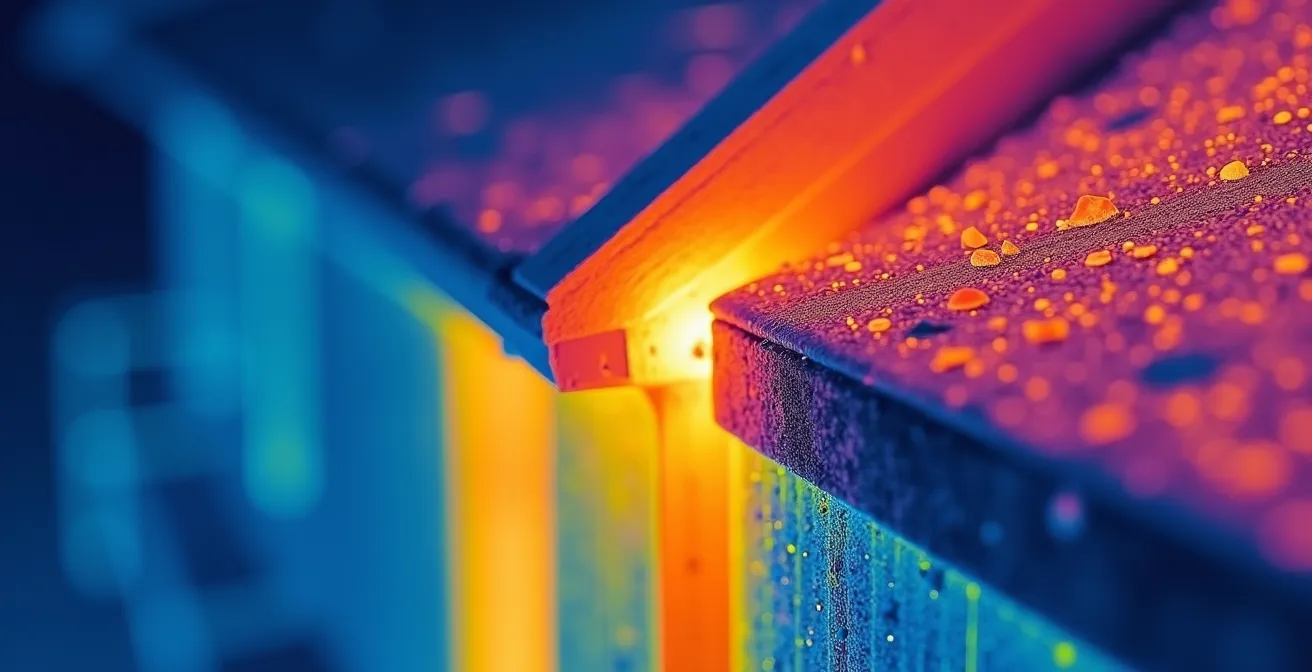 Image thermographique d'une maison montrant les zones de déperdition de chaleur en rouge et orange