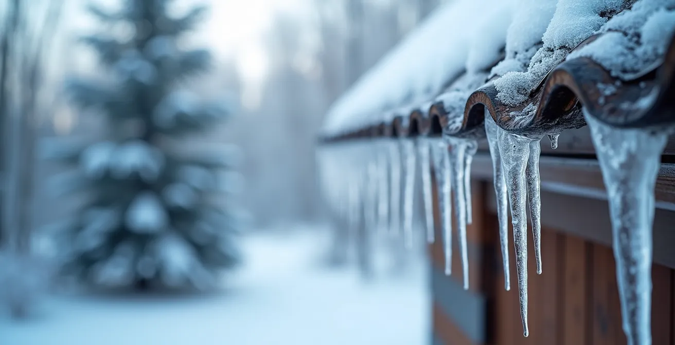 Gros plan sur formation de barrage de glace en bordure d'une toiture québécoise