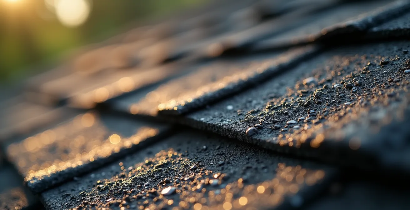 Axe Macro & Textural : Gros plan sur la surface texturée d'un bardeau montrant les micro-fissures