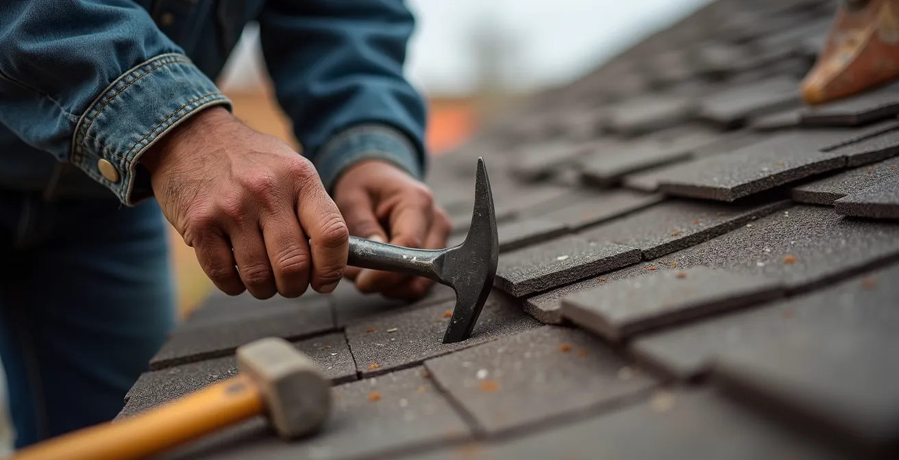 Axe Humain & Émotionnel : Les mains expertes d'un couvreur posant des bardeaux avec précision