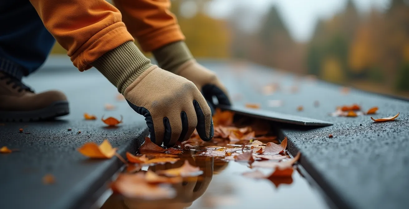Inspection professionnelle d'un drain de toit plat avec accumulation de débris