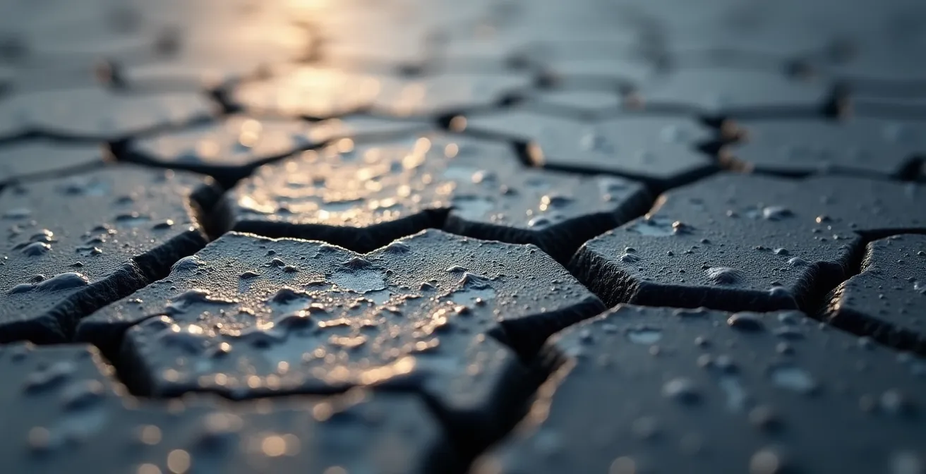 Texture macro d'une membrane élastomère montrant les microfissures dues à l'oxydation UV