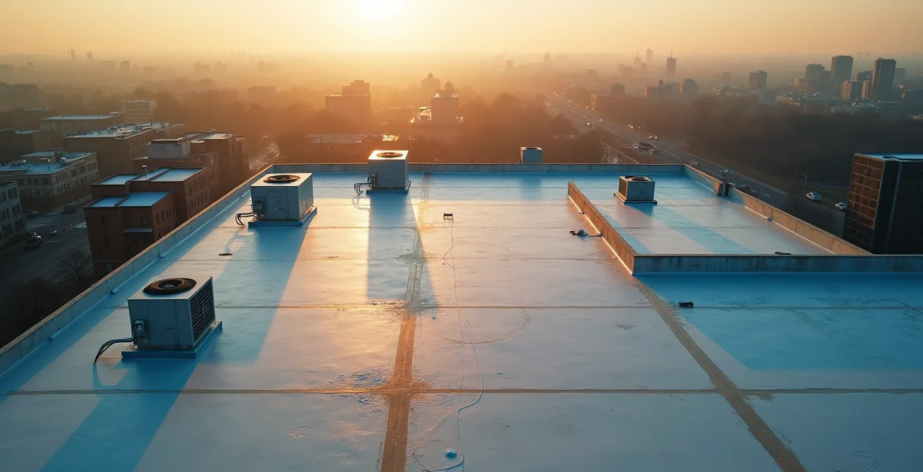 Vue aérienne d'un toit plat commercial montrant les zones d'inspection prioritaires