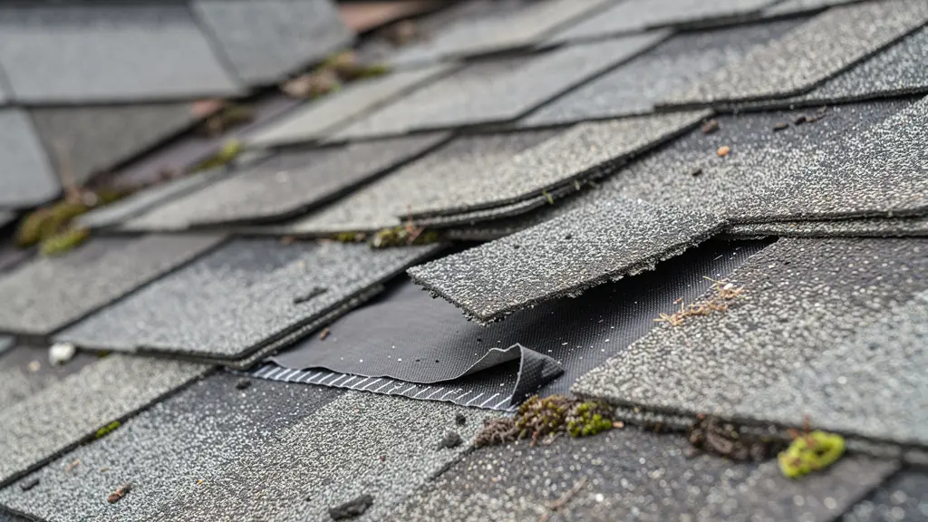 Bardeaux d'asphalte endommagés montrant signes de dégradation sur toiture résidentielle