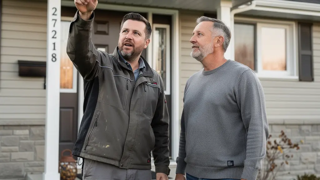 Couvreur professionnel expliquant l'état de la toiture à un propriétaire devant sa maison