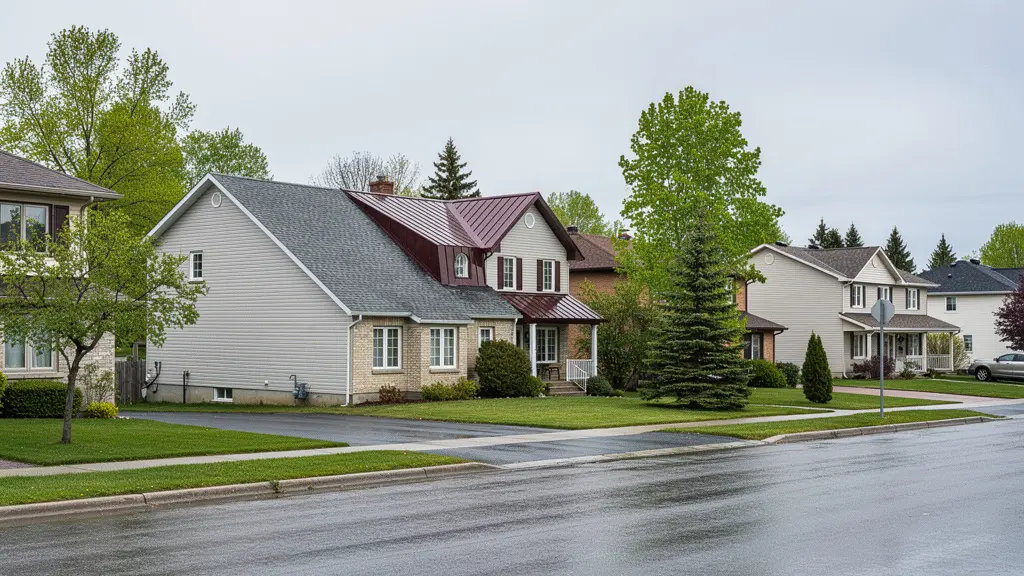 Rue résidentielle typique du Québec avec maisons aux toitures variées bardeaux et métal